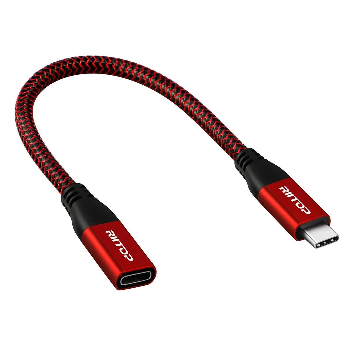 Short blue USB-C male-to-female braided extension cable, 7.8 inches