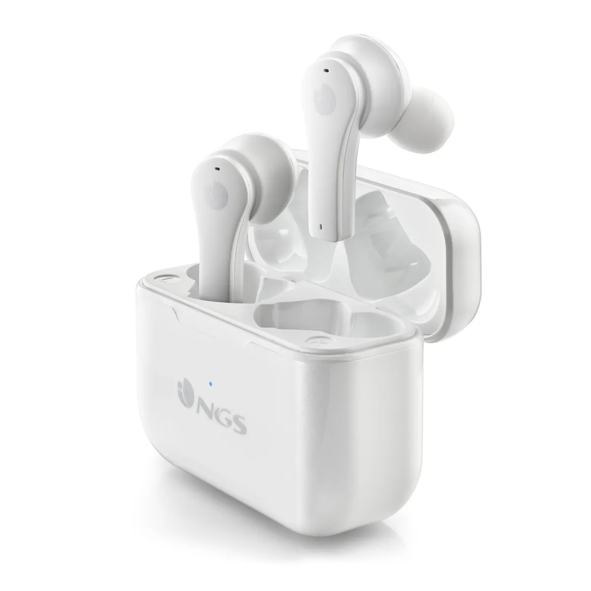 White wireless earbuds in a compact charging case