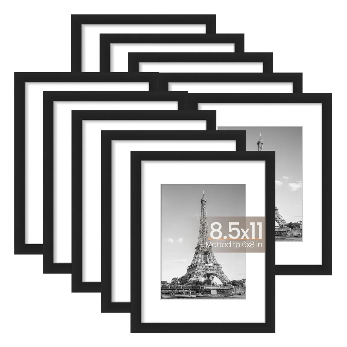 Ten black plastic 8.5x11 inch frames with acrylic covers