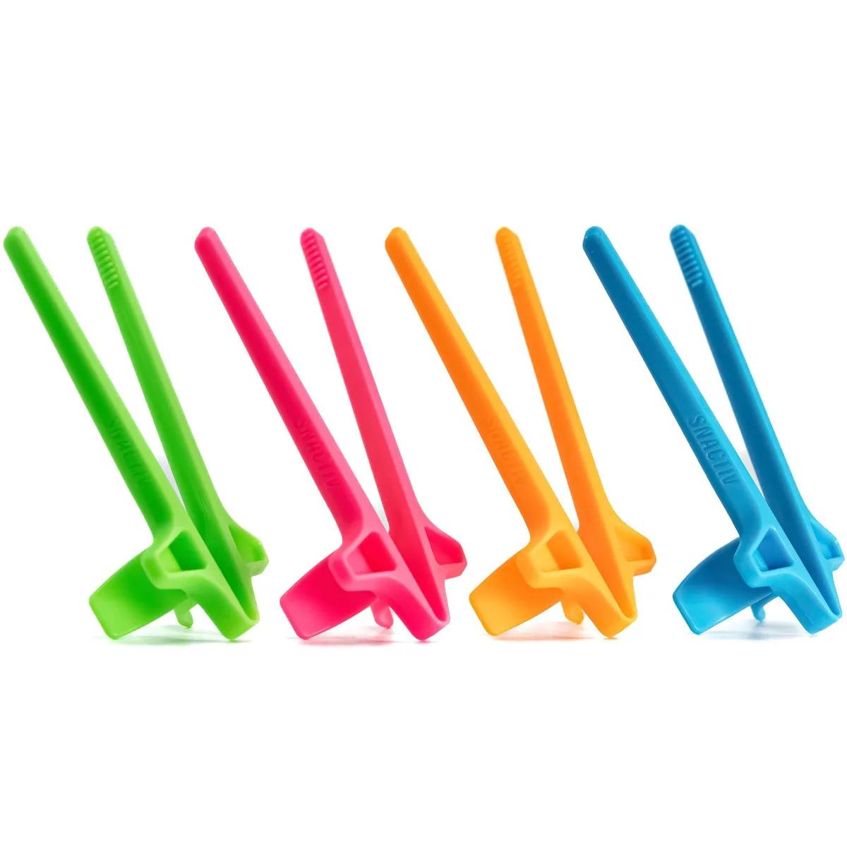 Four black finger chopsticks with flexible slots and rubber tips, shown in a compact box