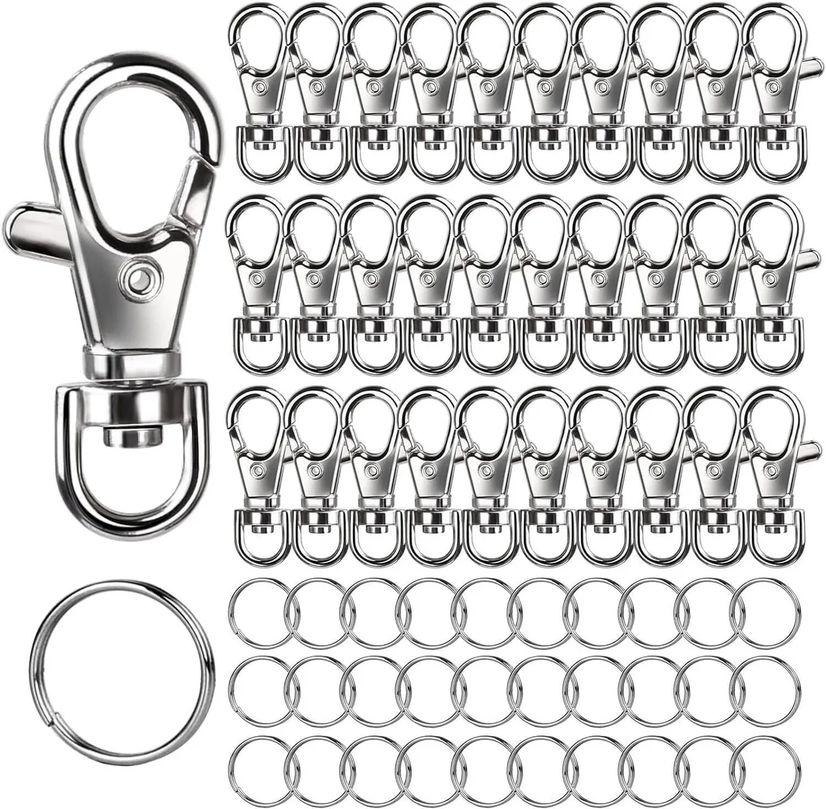 Silver lobster claw clasps and split rings, 60 pieces on a white background