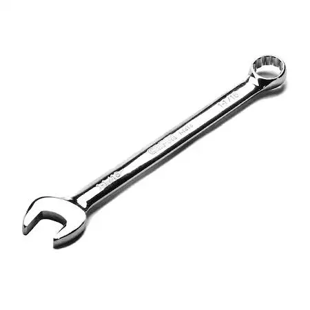 Polished chrome vanadium combination wrench with 12-point box end and canvas roll pouch