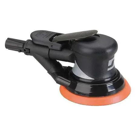 Silver pneumatic palm sander with rear exhaust and vacuum port