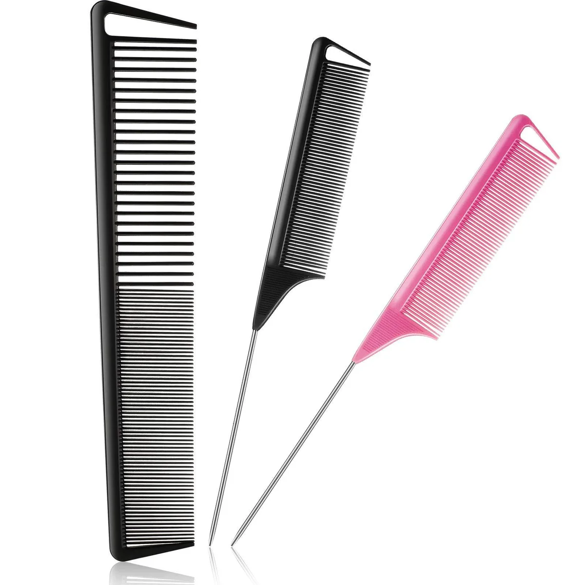 Three carbon-fibre rat-tail combs with stainless handles, 8.86 x 1.97 x .39 in, .041 kg