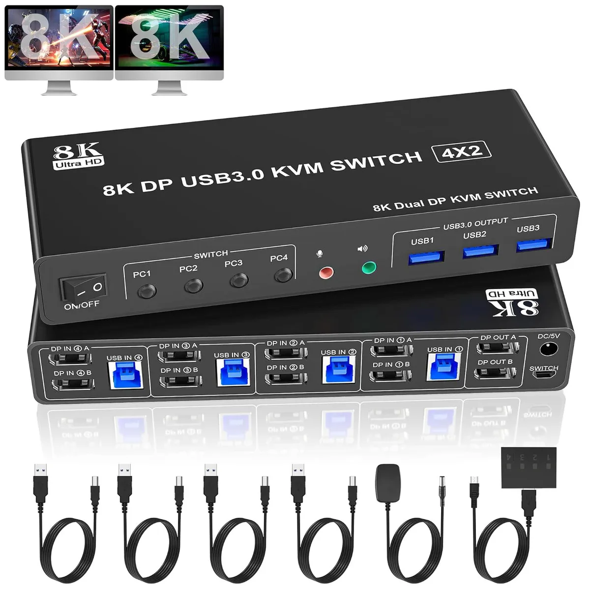 AUTYUE AUTYUE 4-Port Dual Monitor DP 1.4 KVM Switch 8K@60Hz 4K@144Hz 3 USB 3.0 — product photo