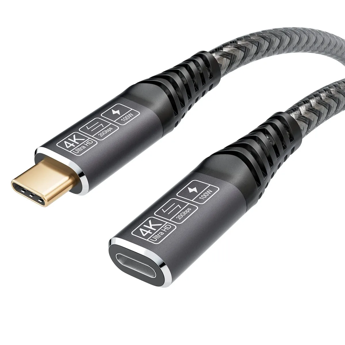 Grey nylon-braided USB-C male-to-female extension cable, 1.65ft
