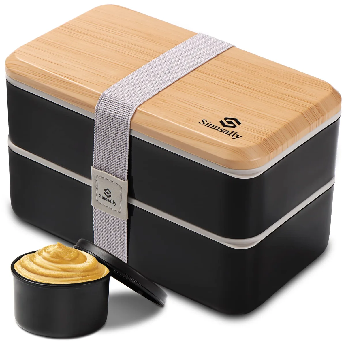 Black rectangular bento box with two stackable compartments and cutlery set