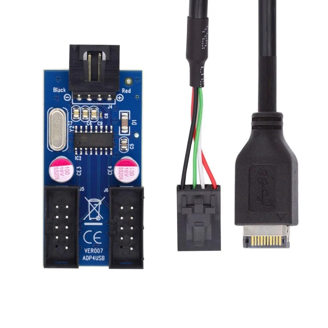 Black USB Type-E to 4-pin header adapter cable with small circuit board, 30cm length