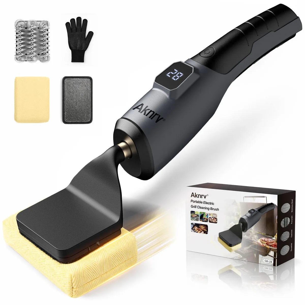 Gray cordless electric grill brush with three interchangeable heads and Type-C cable