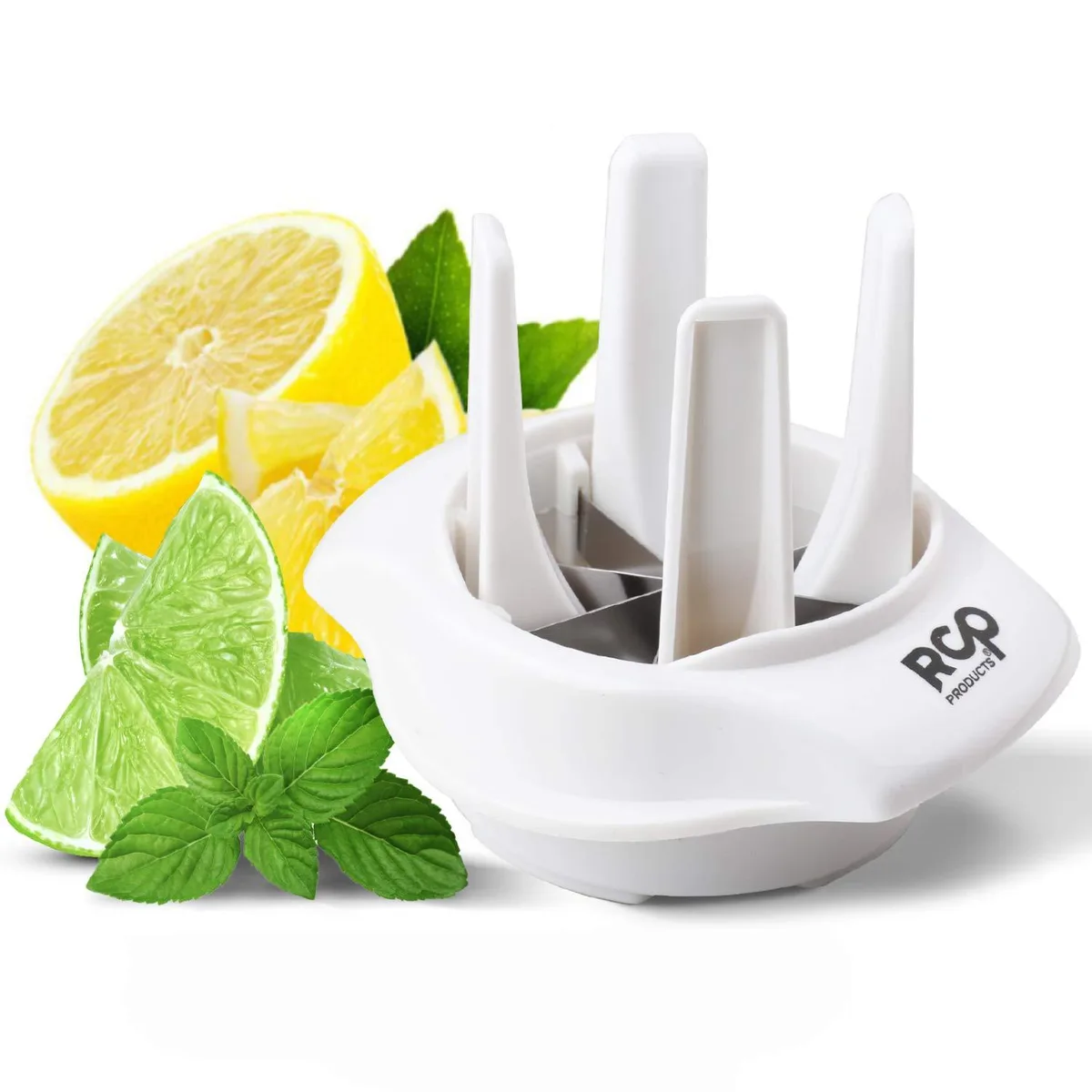Stainless steel lemon and lime slicer on fork-shaped base, 4x2x4 inches