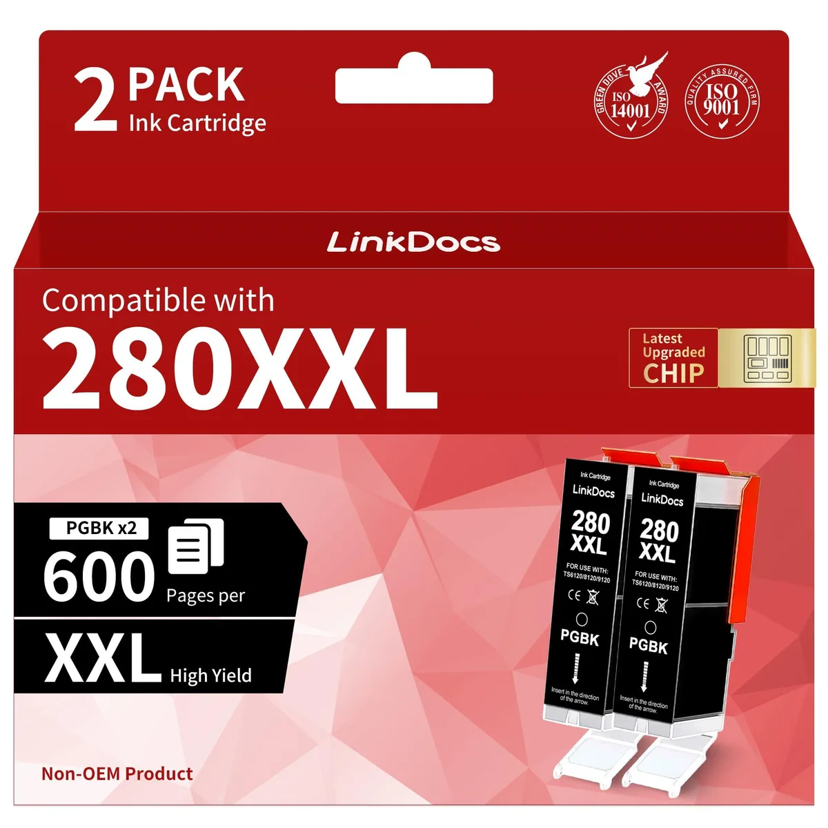 Two rectangular black ink cartridges side by side in clear packaging