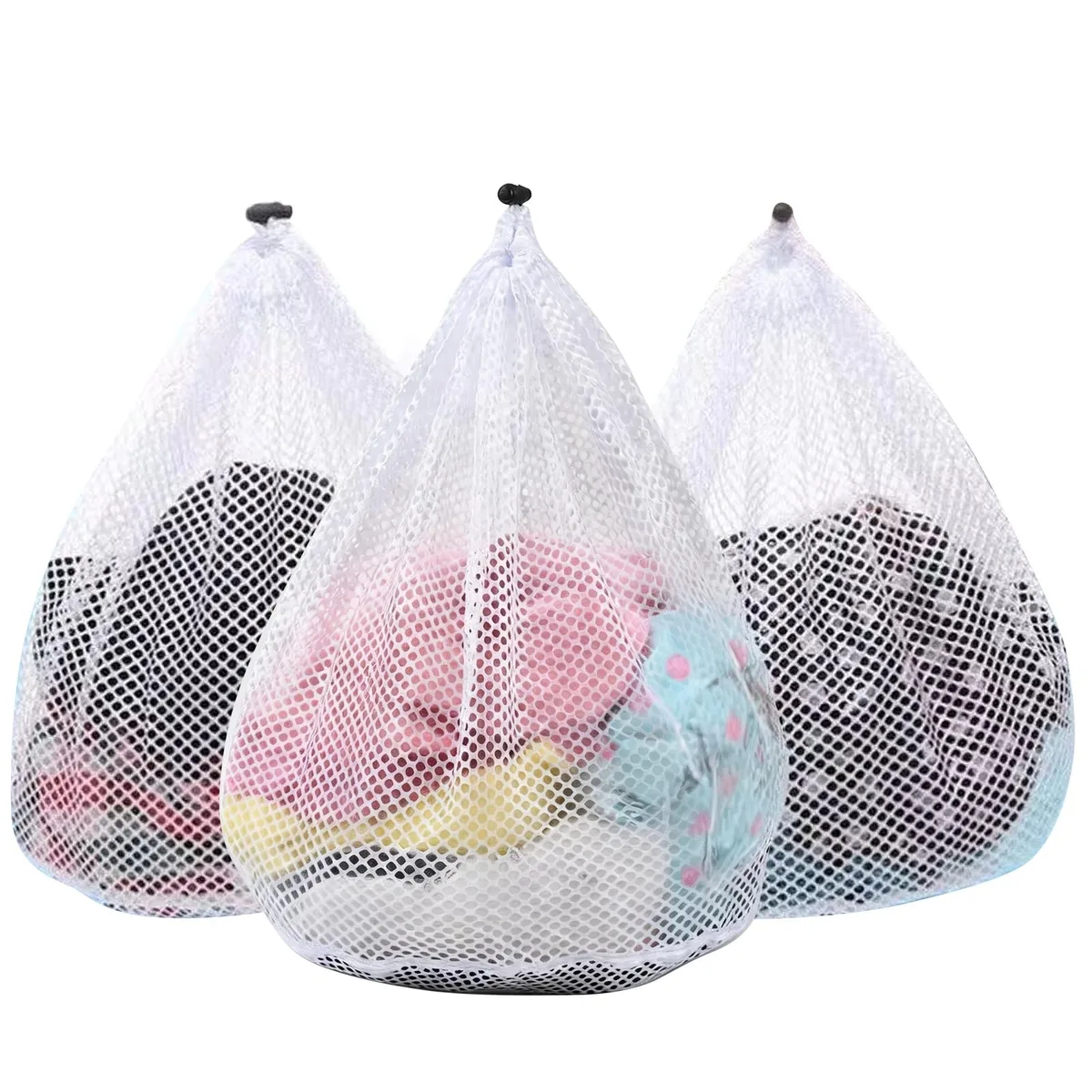 Three beige mesh laundry bags with drawstring closures, extra large rectangular shape