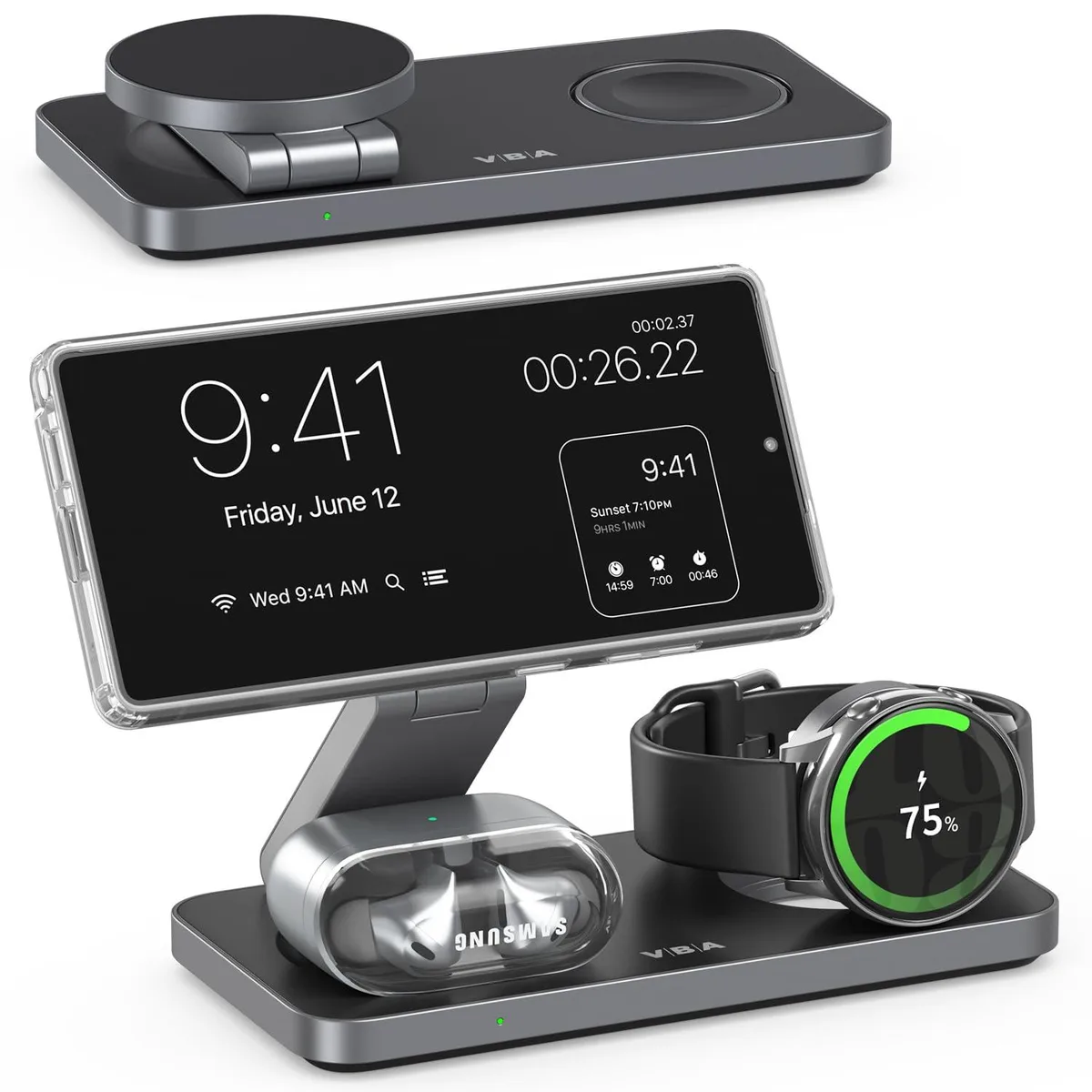 Foldable three-in-one magnetic wireless charger for Samsung devices, slim matte finish, compact when closed