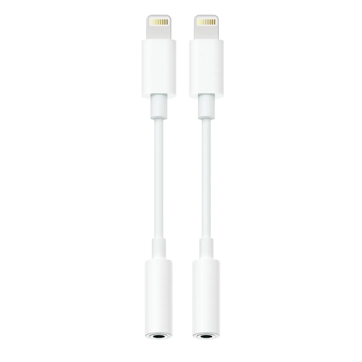 Two white Lightning to 3.5mm audio dongles with inline mic and controls
