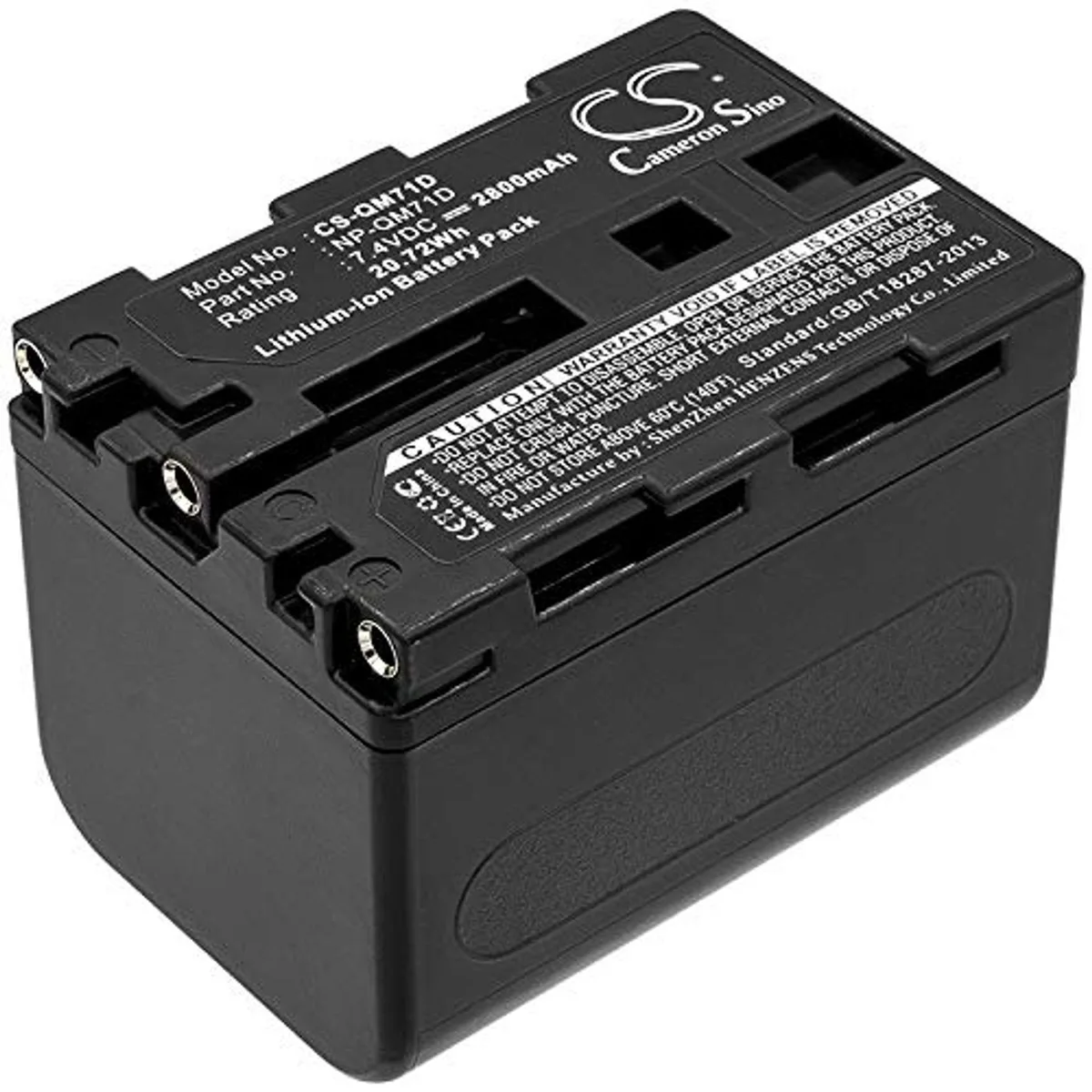 Rectangular black battery pack with gold contacts and branded label