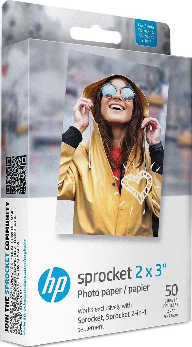 HP 1DE39A Sprocket 2x3" Premium Zink Sticky Back Photo Paper 50 Sheets — product photo