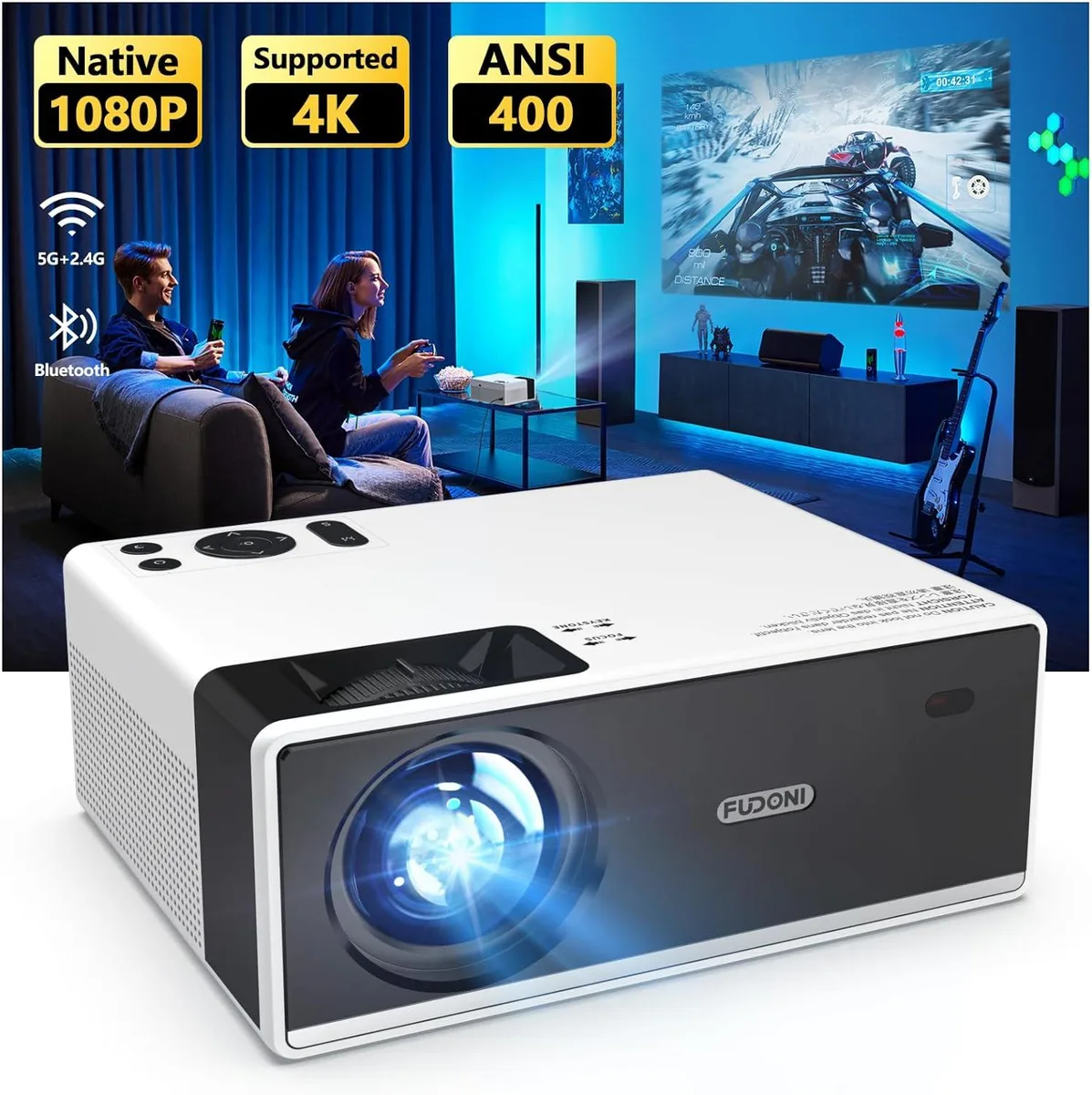 Compact white LCD projector with front lens and top controls