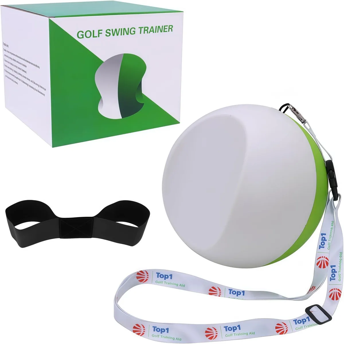 Green foam golf training ball with adjustable lanyard and swing correction band