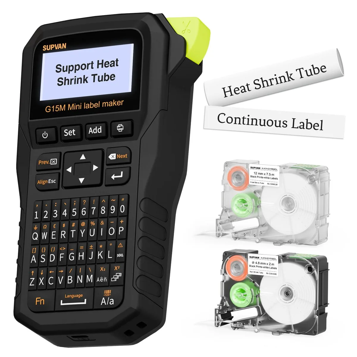 Compact white handheld label printer with LCD screen and thermal print head visible