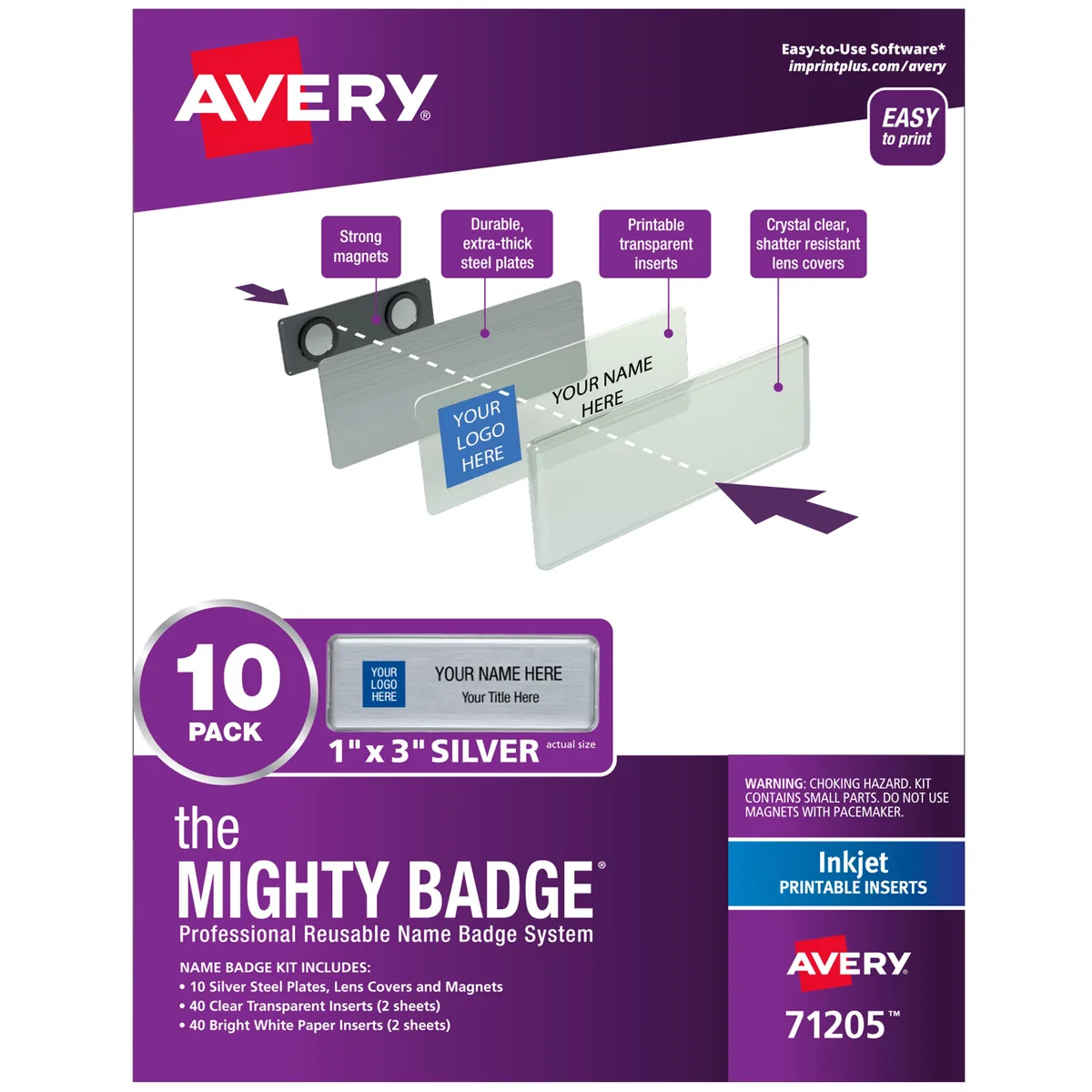 Avery Avery 71205 Mighty Badge 1x3 Silver 10 name tags 80 inserts — product photo
