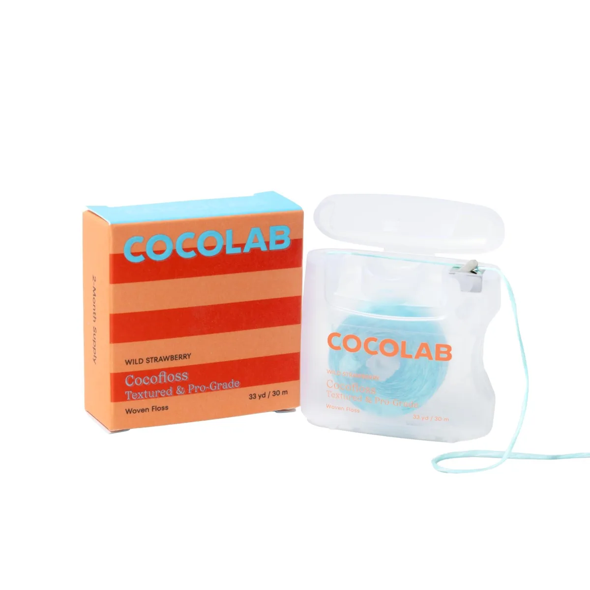 White floss spool in a refillable dispenser, strawberry scent, 99 foot length
