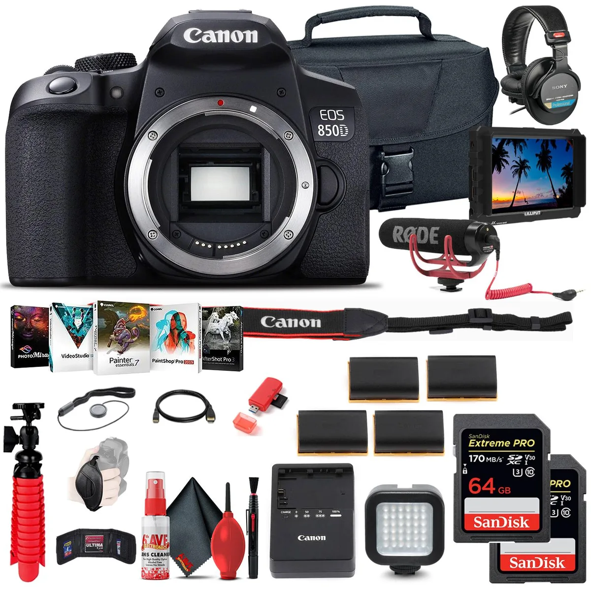 Canon Canon EOS Rebel 850D DSLR Camera Bundle with Lilliput A7S Monitor and Rode VideoMic GO — product photo