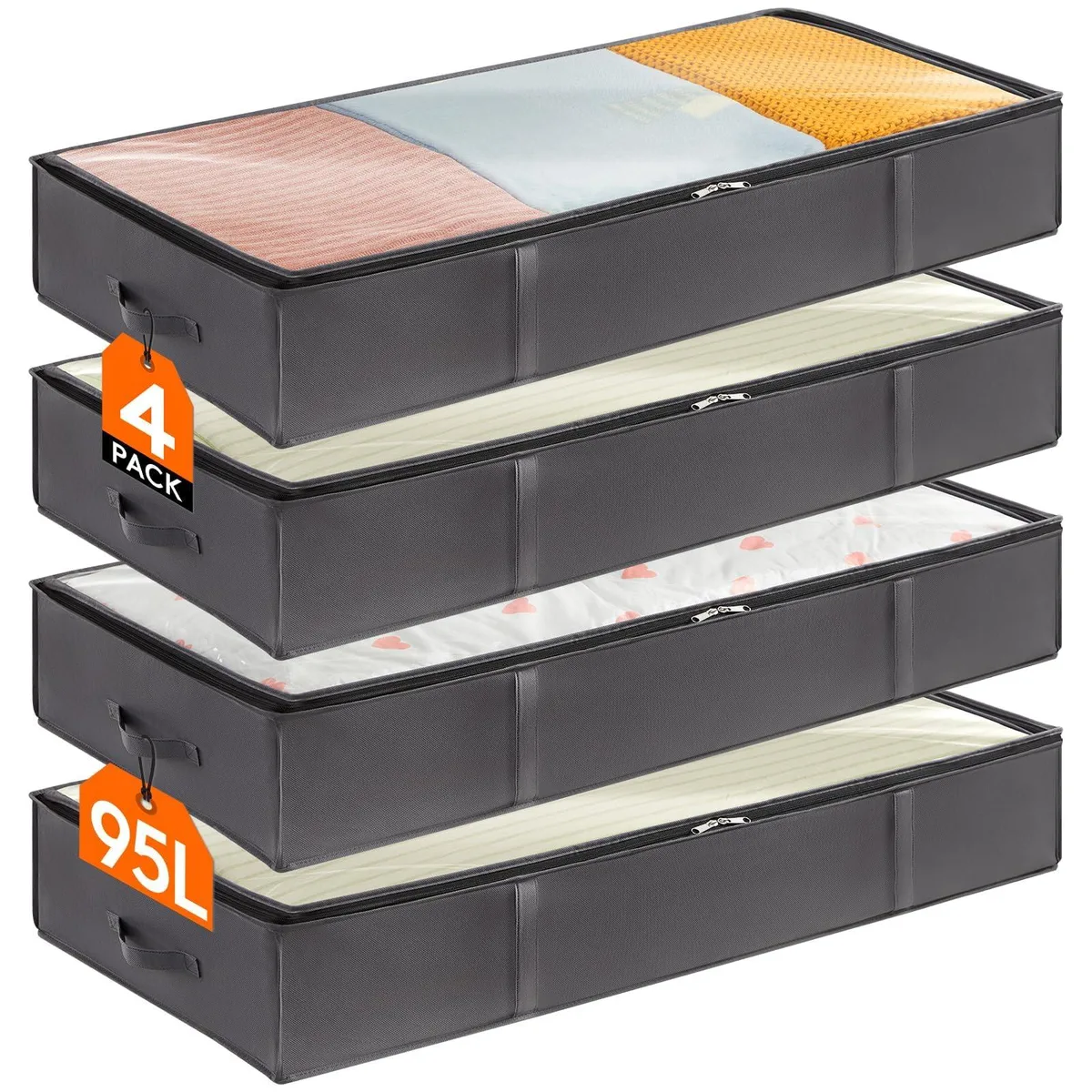 Four grey rectangular fabric boxes with clear top windows and side handles