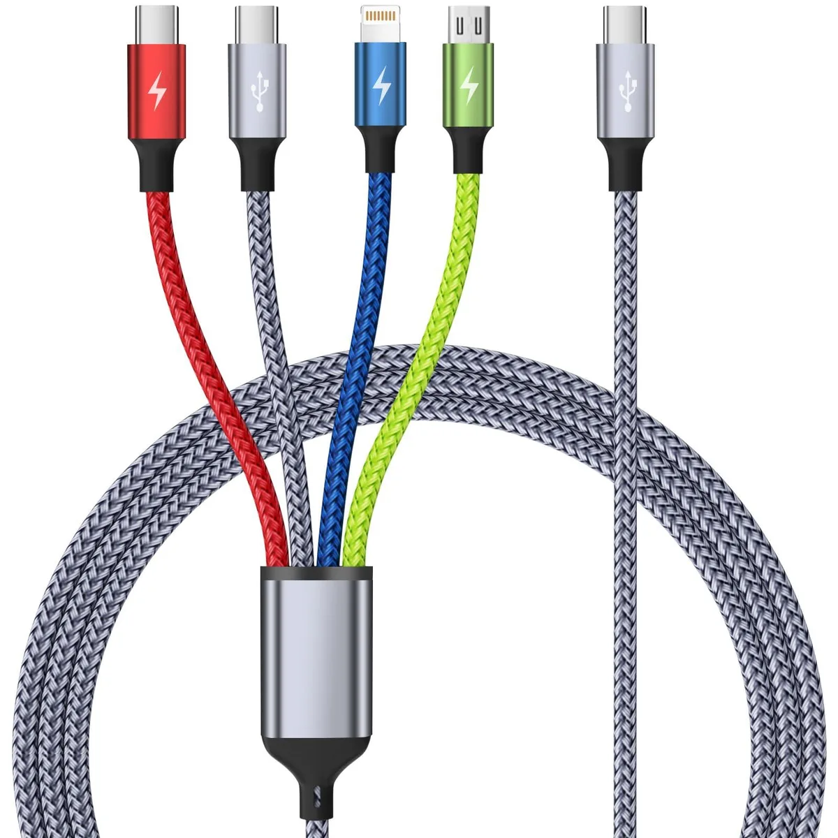 Blue braided 4-in-1 USB-C multi charging cable with dual USB-C, Lightning and Micro-USB connectors