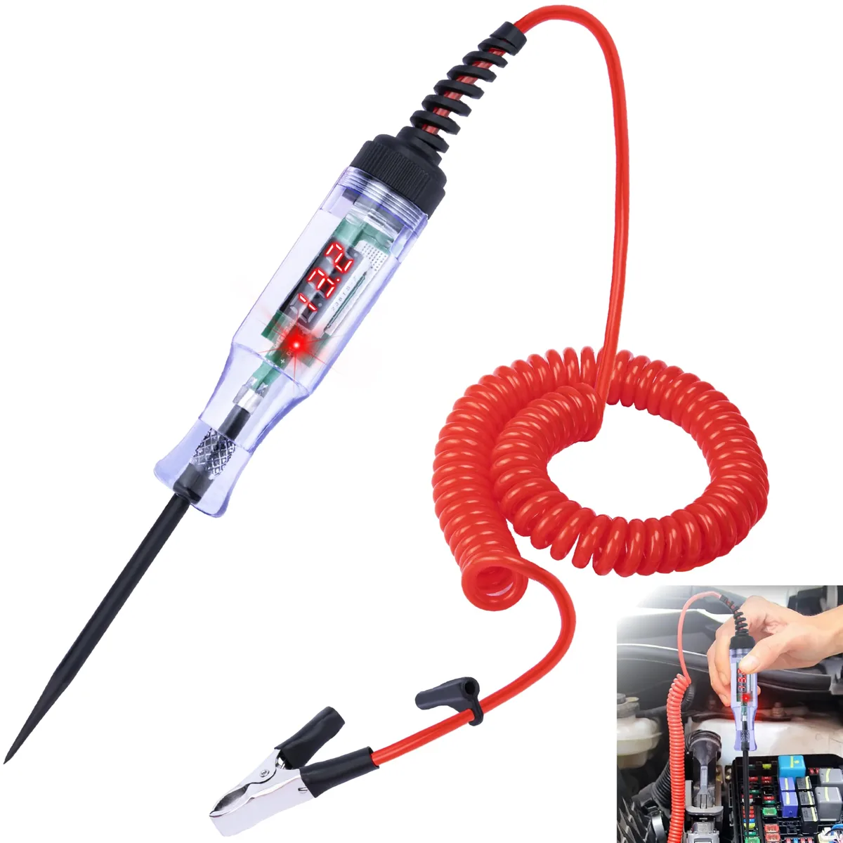 Handheld DC test light with LED voltmeter display, coiled cord and alligator clip