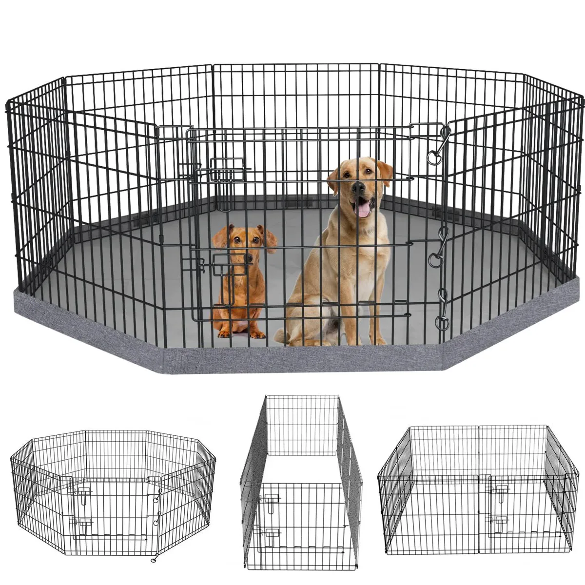 Foldable metal pet pen with eight panels and a fabric bottom pad