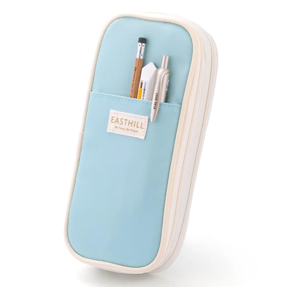 Blue polyester pencil case bag, 13 inches, expandable zipper design, solid pattern, lightweight construction