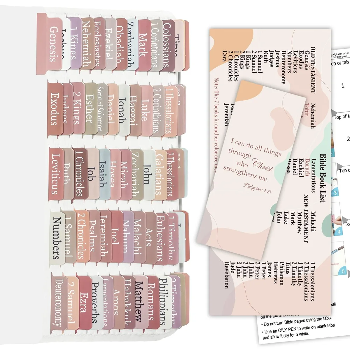 Light brown laminated Bible tabs set with alignment guide and bookmark