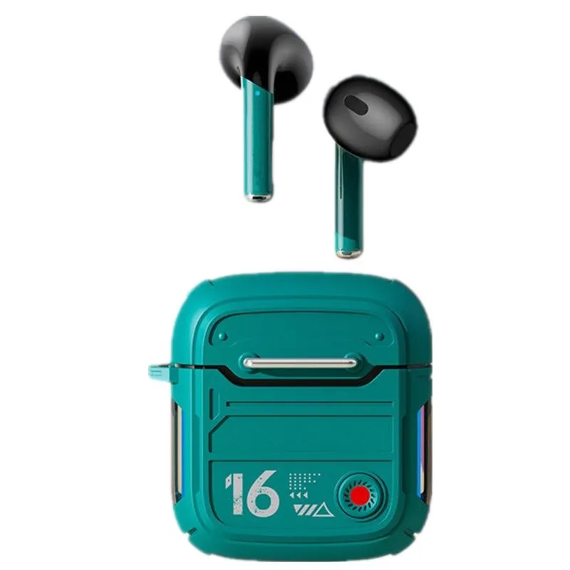 Green true wireless earbuds with matching charging case