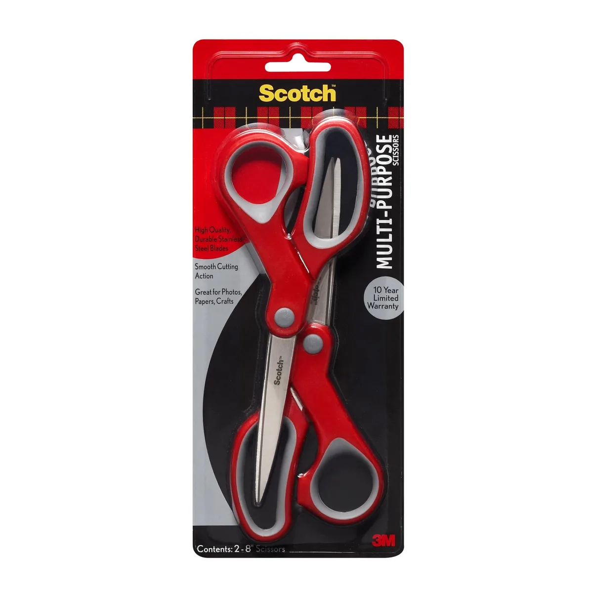 Two pairs of 8 inch red and grey stainless steel scissors with soft comfort grips
