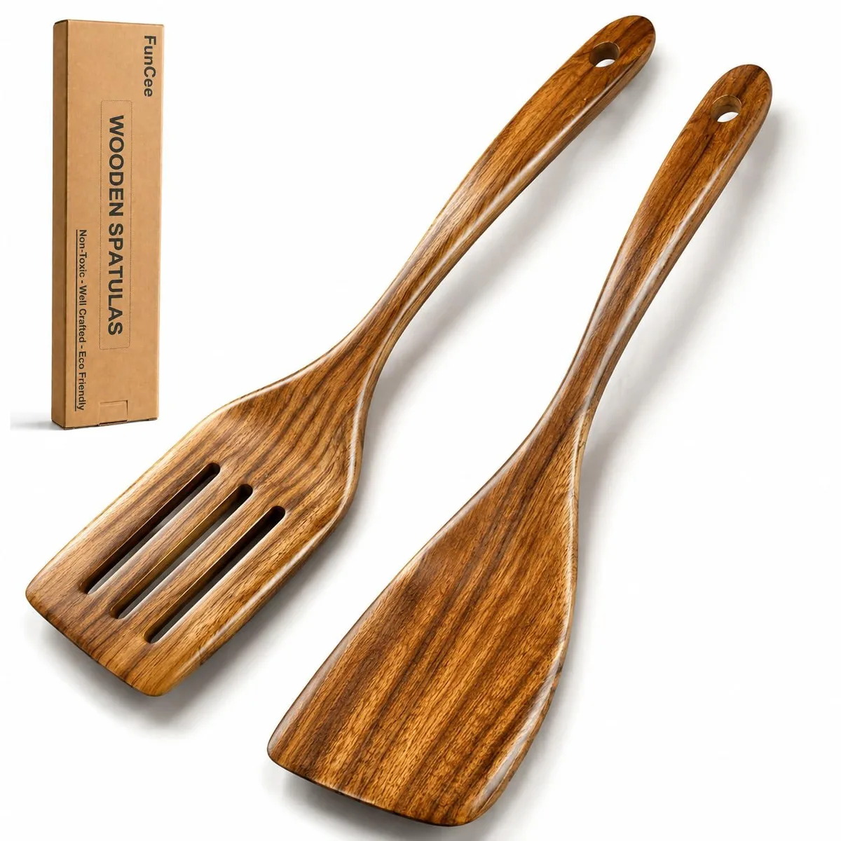 Two bamboo cooking utensils with long handles, rectangular heads, natural wood finish