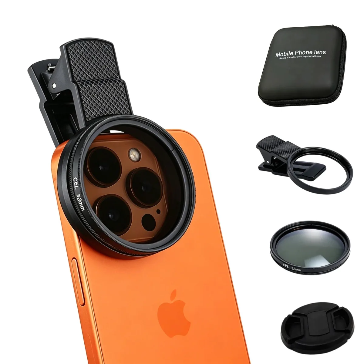 A 52mm circular polarising filter with metal frame and universal clip-on mount