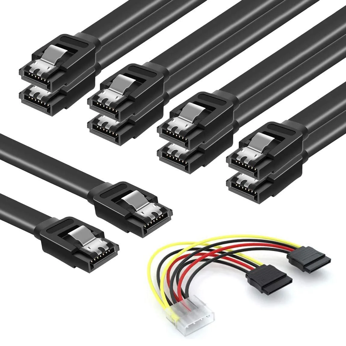 Five black SATA cables and one power splitter cable