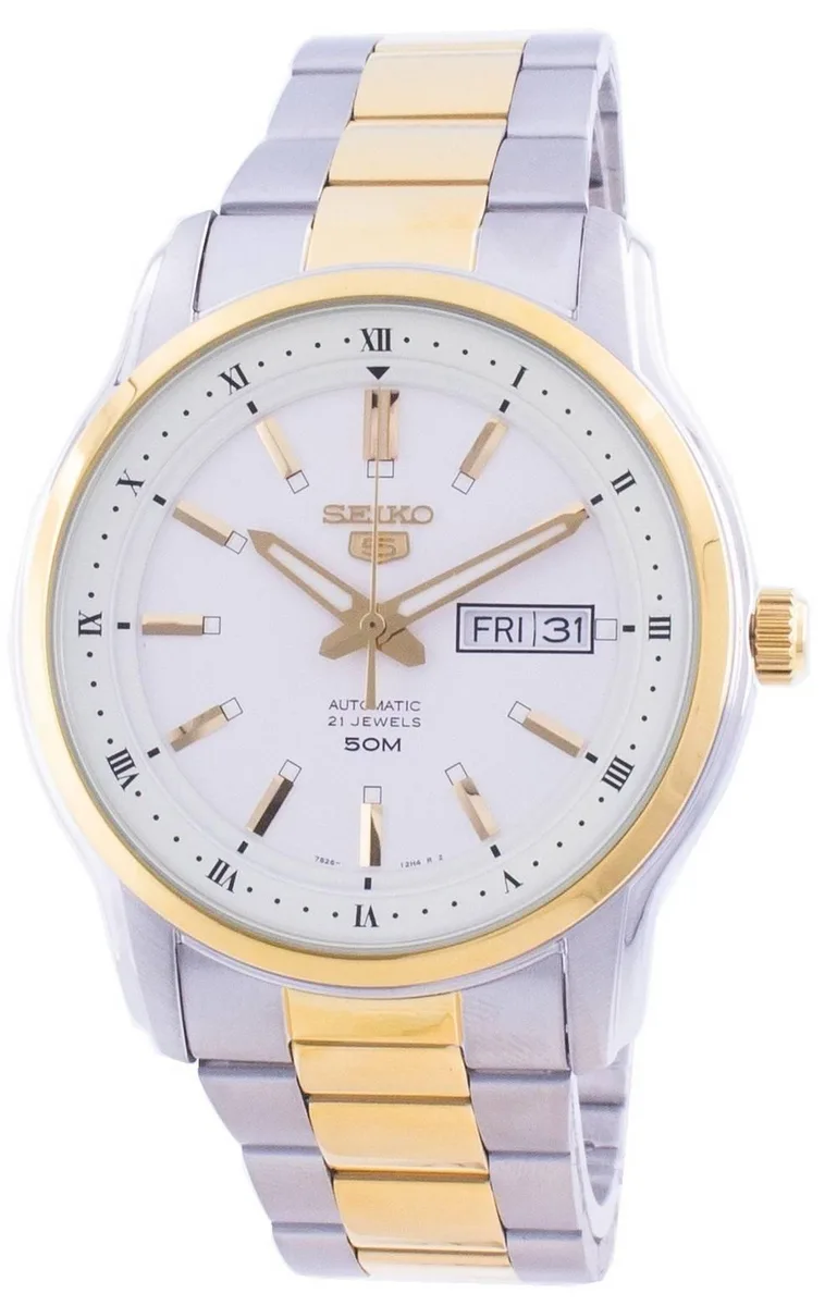 Stainless steel round watch with white dial and two-tone bracelet