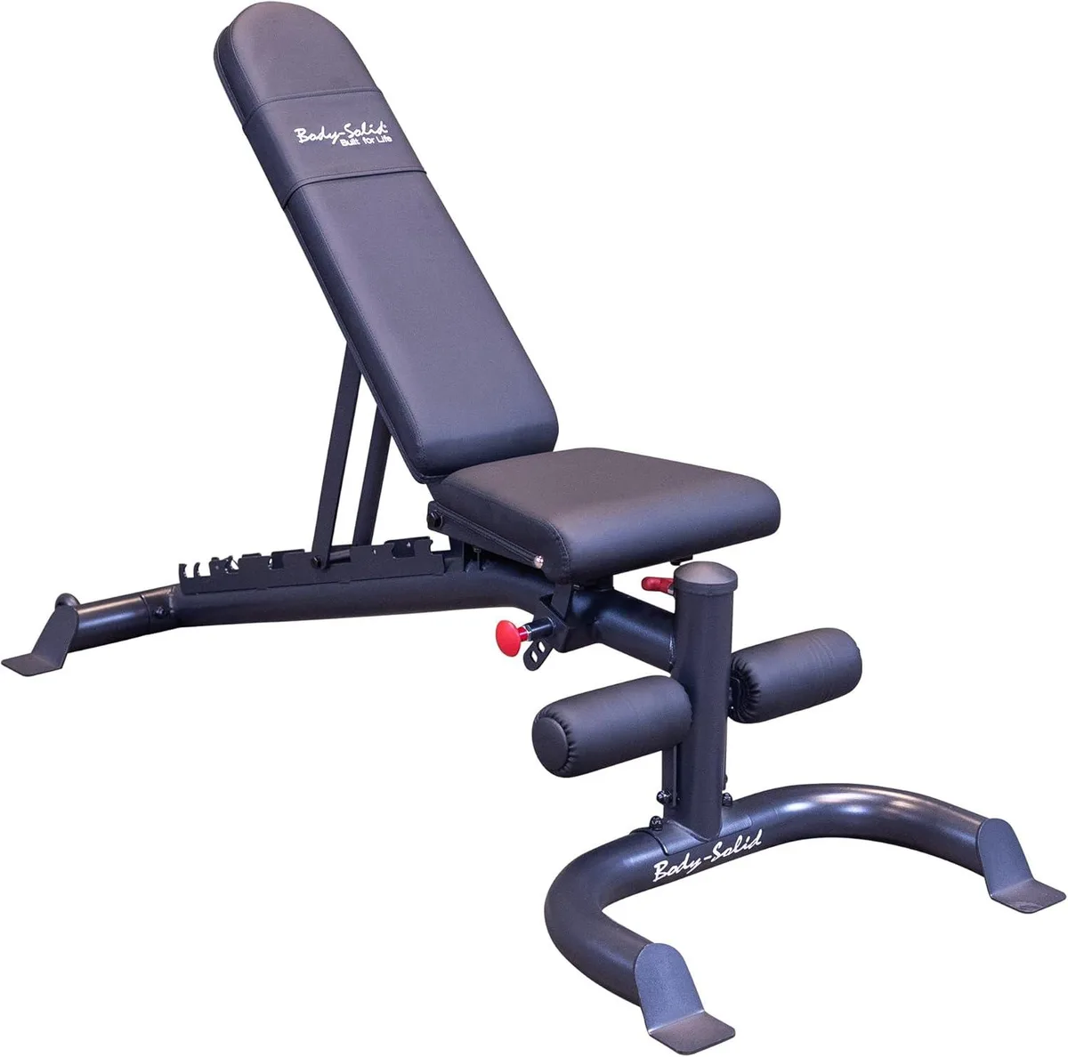 Adjustable weight bench with black leather pads and steel frame, ladder-style backrest and pull-pin seat adjustment
