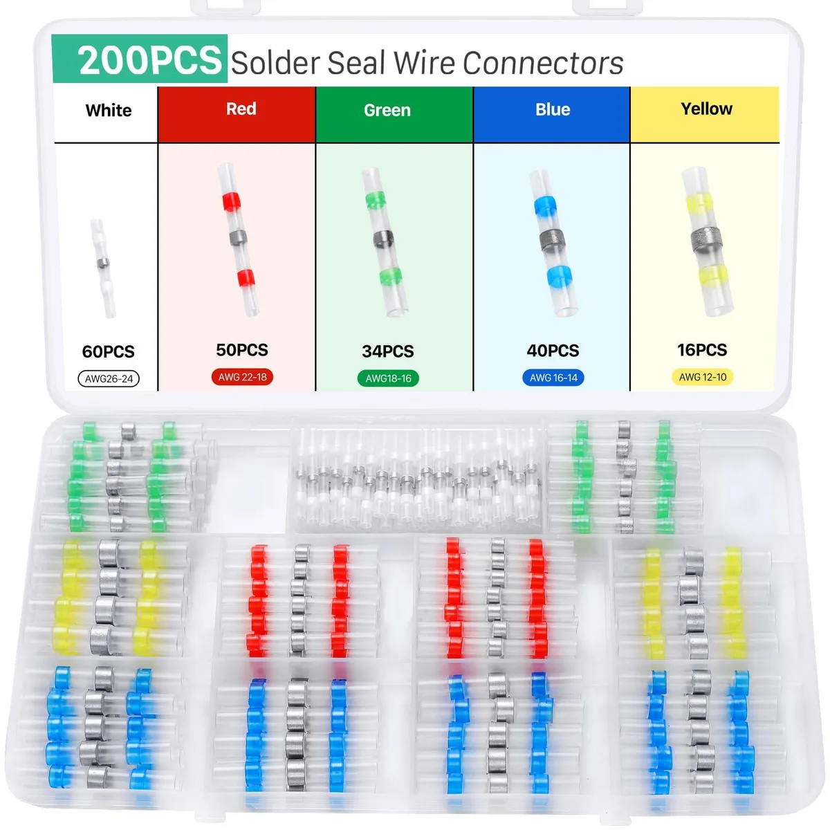 Open storage box filled with 200 coloured solder-seal wire connectors in white, red, blue, green and yellow