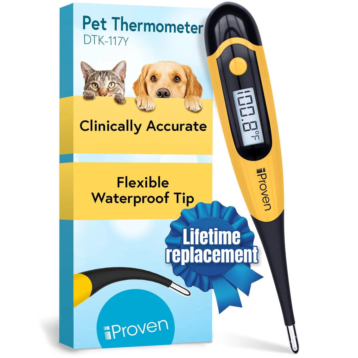 Yellow digital pet thermometer with flexible tip and storage case