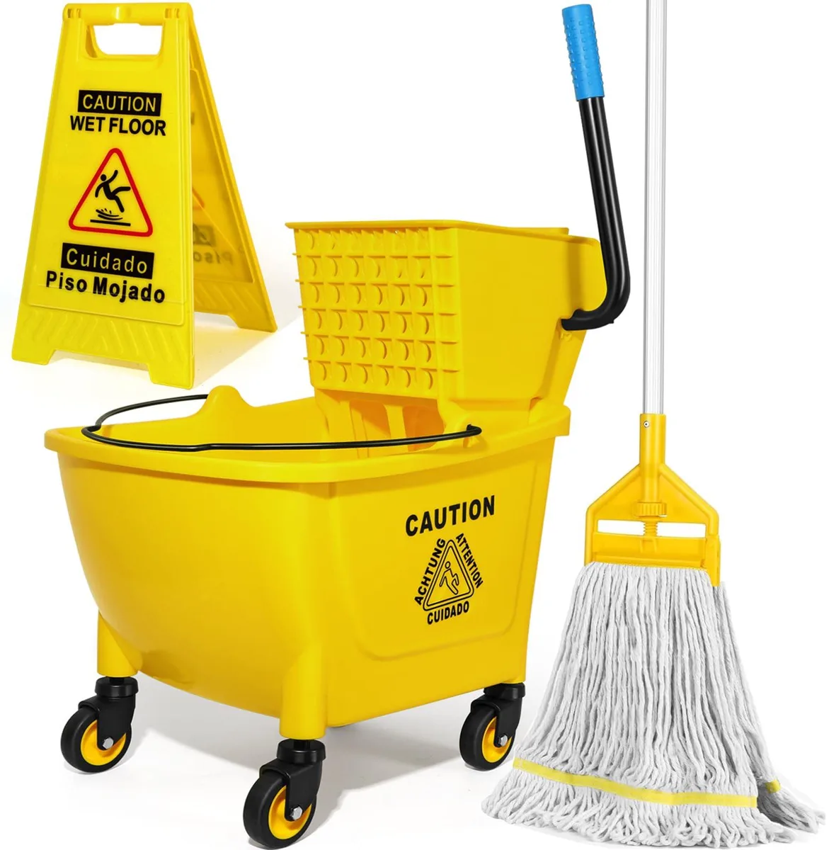 Yellow 35 quart rectangular mop bucket with side press wringer and four wheels