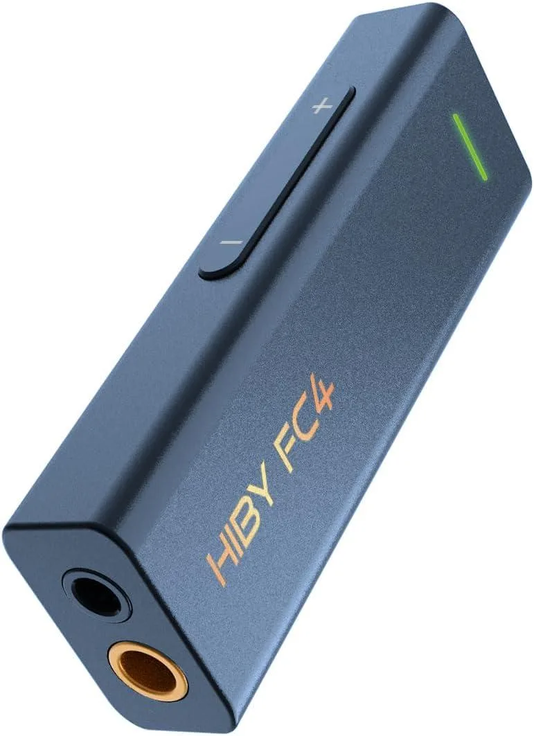 Small blue rectangular USB-C DAC with 3.5mm and 4.4mm headphone jacks