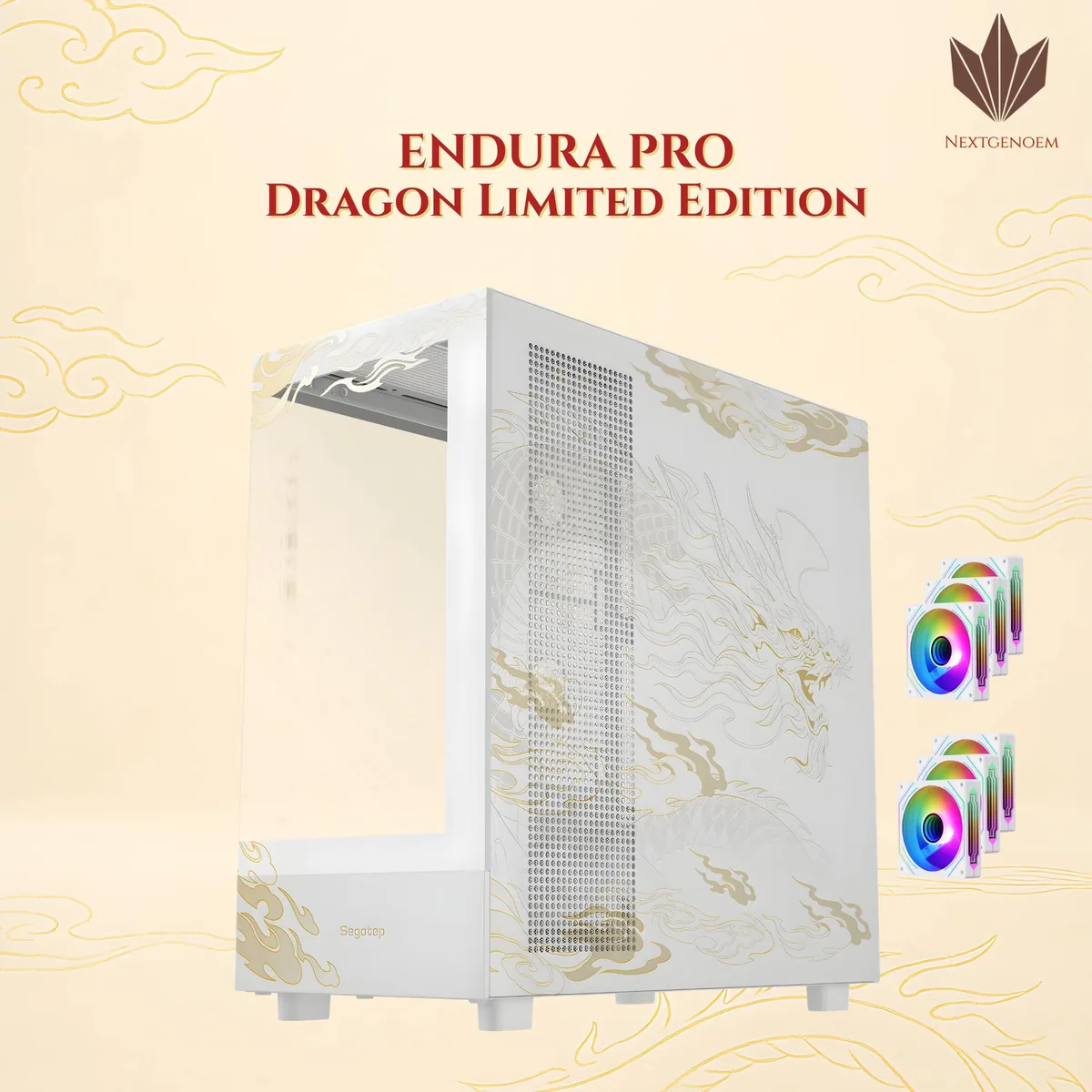 segotep segotep Endura Pro Special Loong Edition ATX Mid Tower PC Case White Gold 6 PWM Fans 360mm Radiator Support — product photo