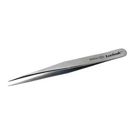 Stainless steel straight fine-point tweezers, five inches long, smooth tips