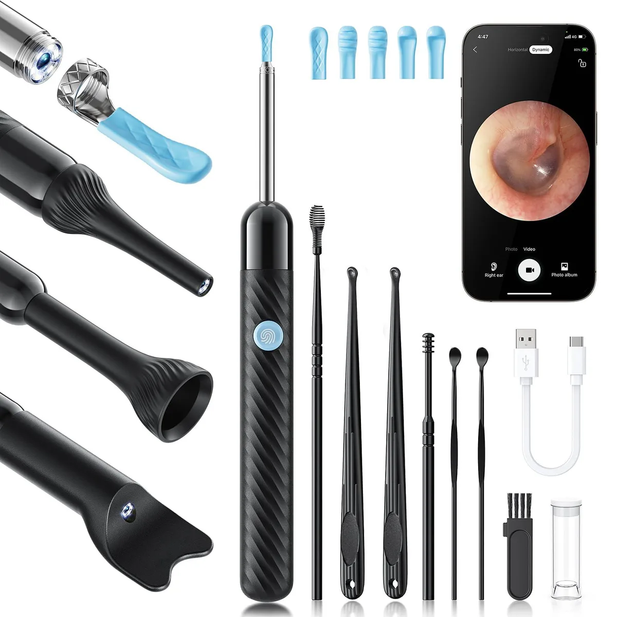 Black ear-care otoscope with camera, six LEDs and curved picks