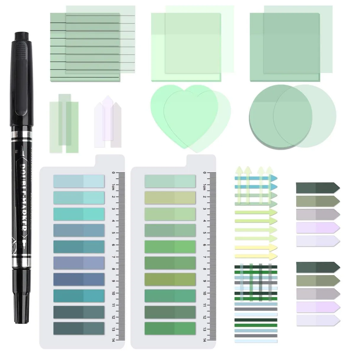 Transparent square sticky notes in green tones with a pen, 1450 sheets total