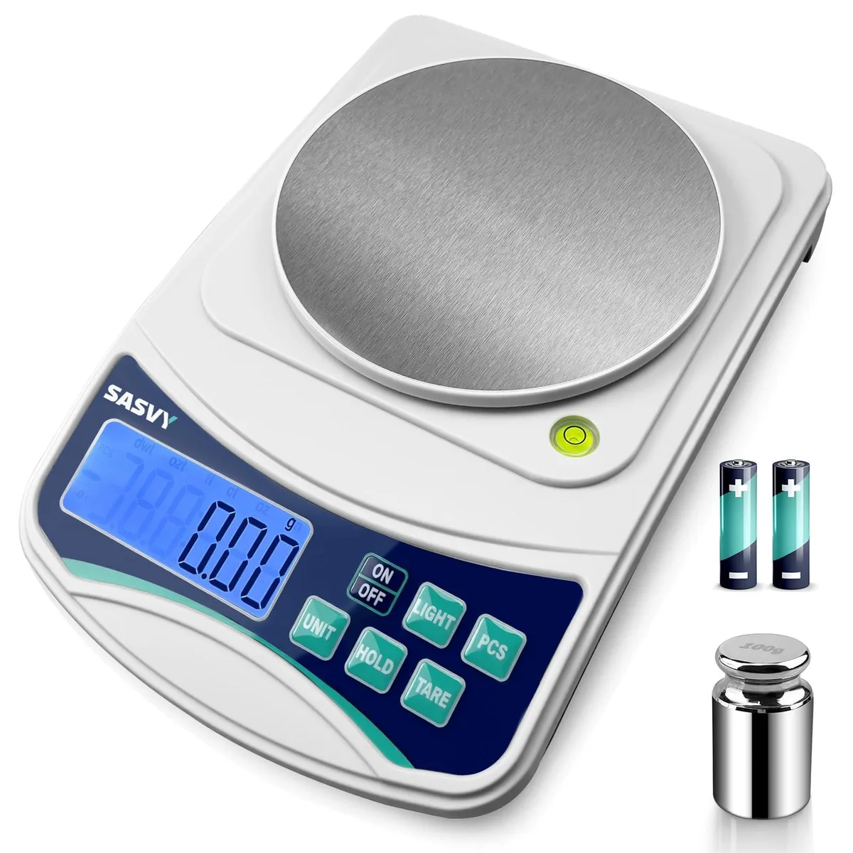 Twelve blue digital lab scales with stainless steel weighing plates and backlit LCD displays