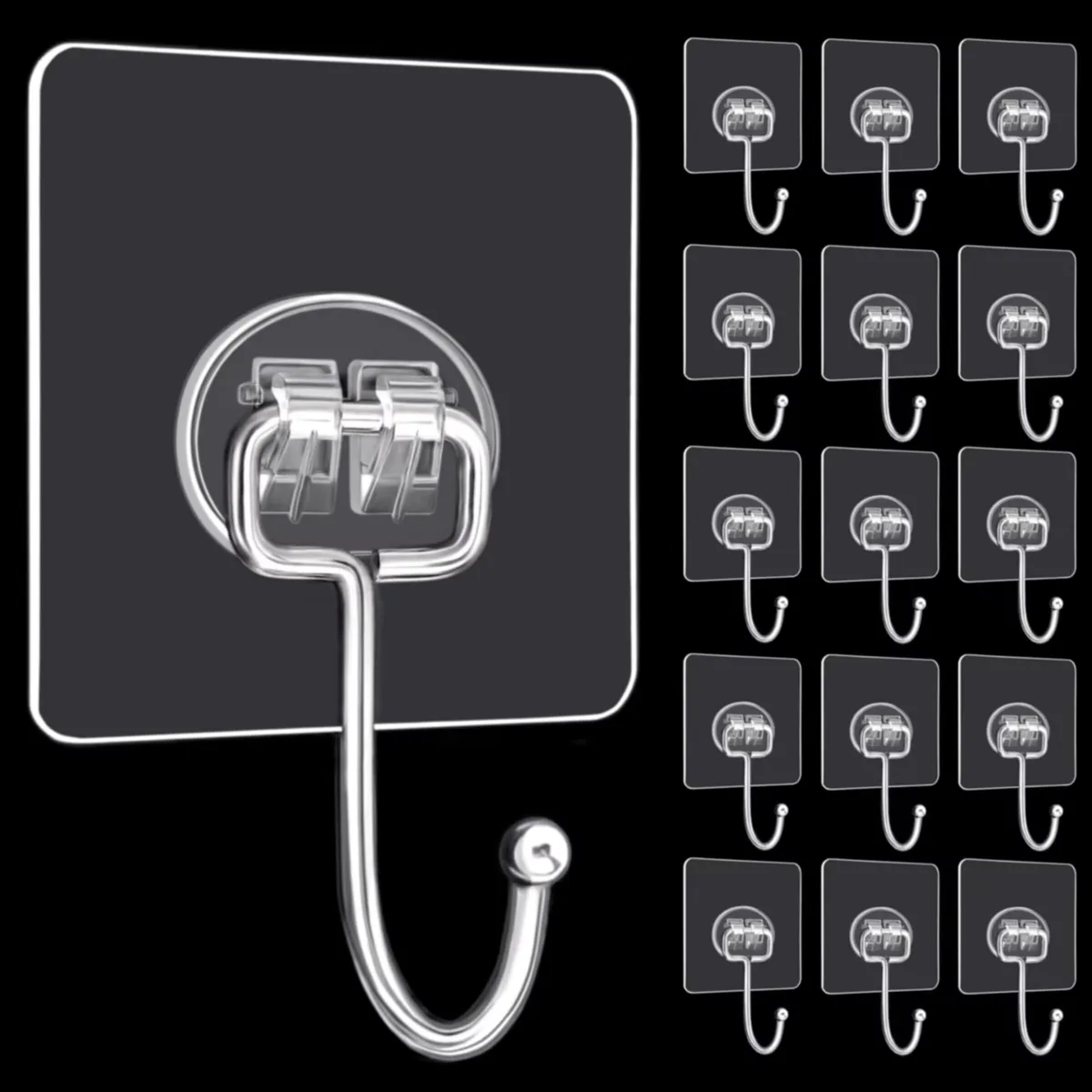 Sixteen clear square hooks with stainless steel curves on a white backing card