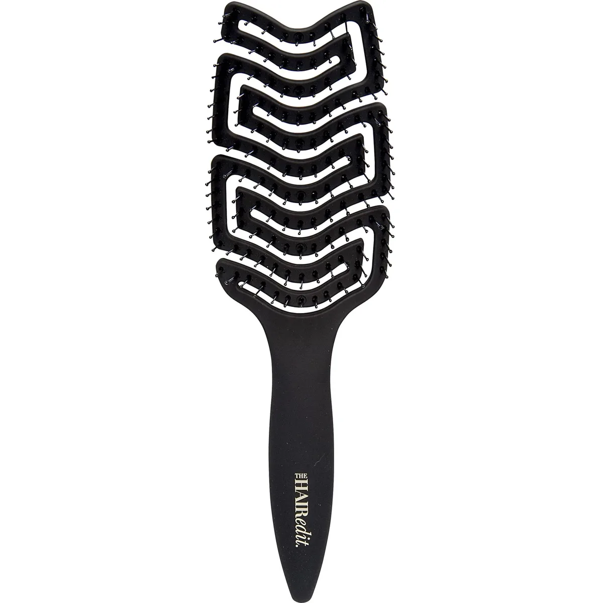 Ergonomic curved paddle brush with soft flexible bristles and non-slip grip handle